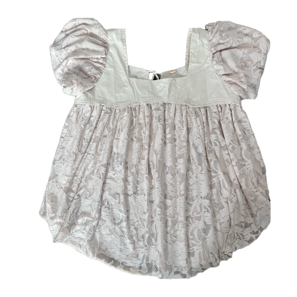 FREE PEOPLE Sunrise To Sunset Top Size L In Champagne Dream Short Sleeve Lace